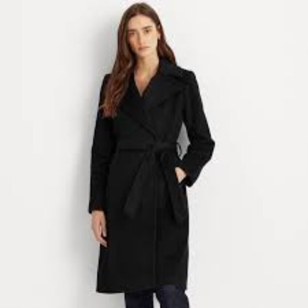 Lauren Ralph Lauren Black Wool Blend Belted Trench Coat Full Length Size 18 - Picture 4 of 16